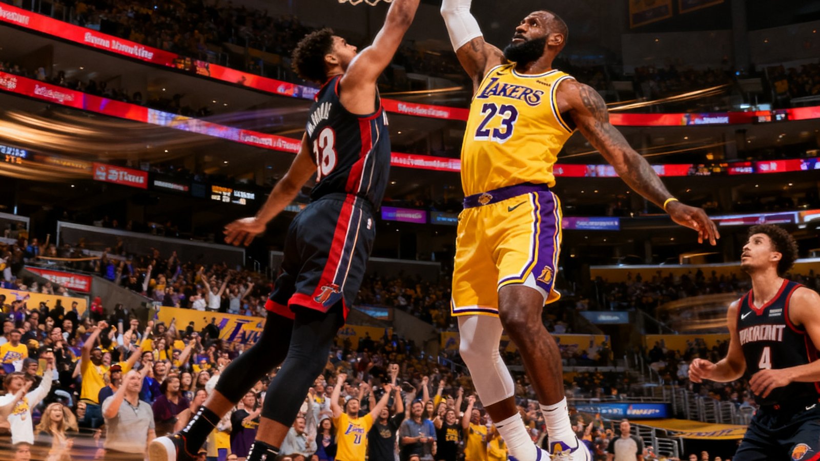 NBA湖人队詹姆斯单手劈扣，防守球员试图封盖，背景为斯台普斯中心球迷沸腾